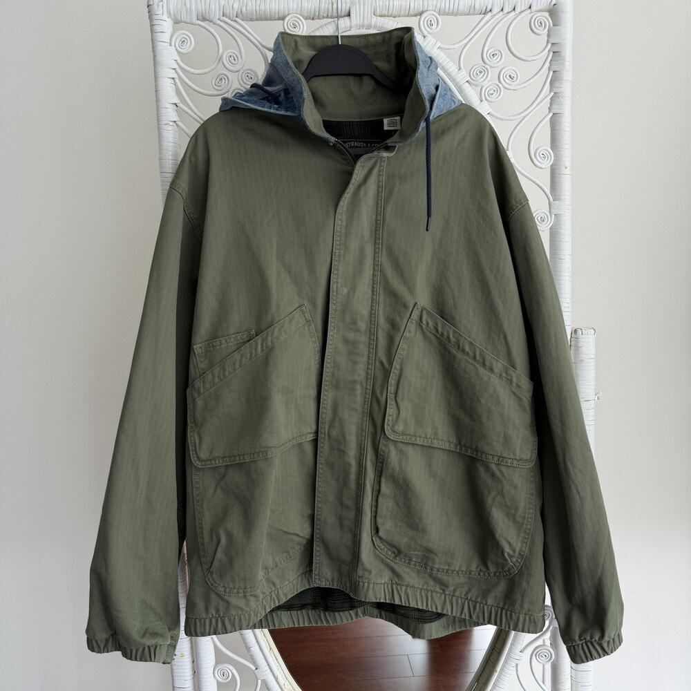 Levi's Premium‎ Jacket Mens XL Green Hooded Work Pocket Canvas Military Utility